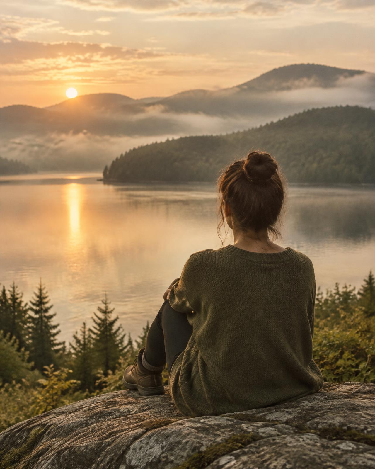 Pessoa em contemplação diante de um lago ao amanhecer