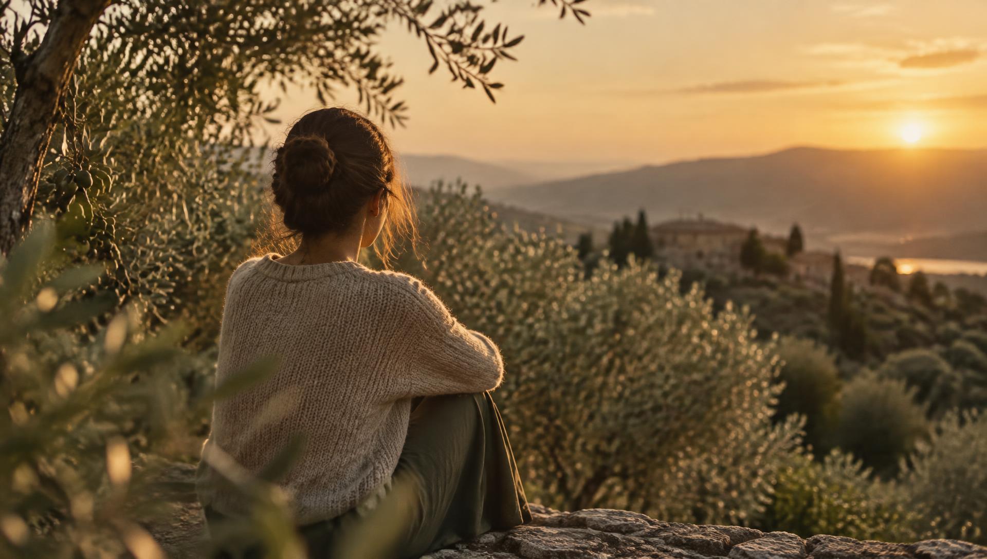 Mulher em contemplação na natureza ao pôr do sol